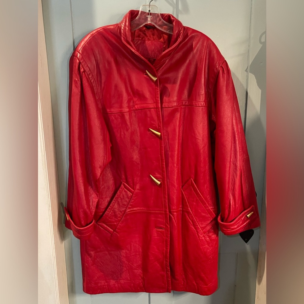 Jacqueline Ferrar Genuine Leather Vintage Red Coat with Gold Buttons Size Medium - Picture 4 of 7